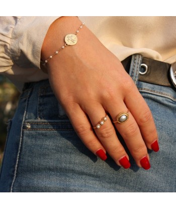 Bague dorée pierre ovale contour texturé Les magasins à Paris