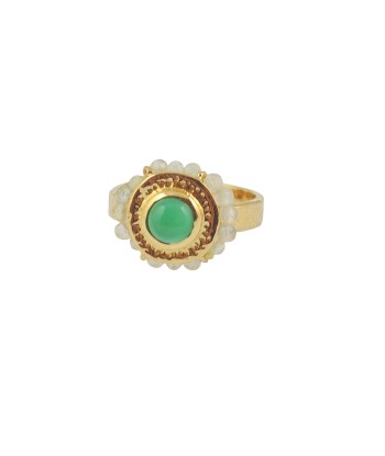 Bague dorée martelée fleur cabochon et petites pierres pas cheres