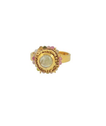 Bague dorée martelée fleur cabochon et petites pierres pas cheres