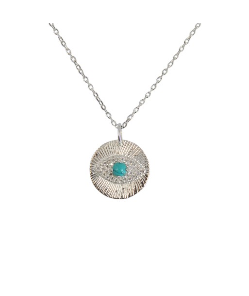 Collier médaille argent 925 oeil turquoise et zircons Economisez 