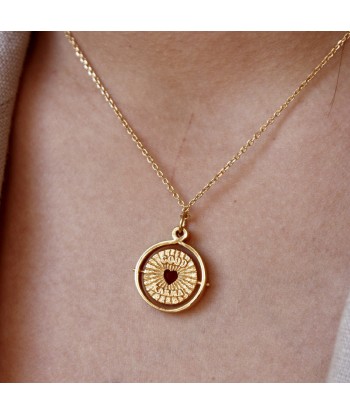 Collier doré médaille pivotante coeur pierre "good karma" paiement sécurisé