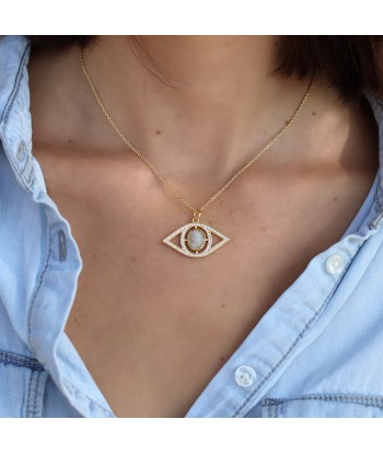 Collier doré pendentif oeil XXL pierre et zircons paiement sécurisé