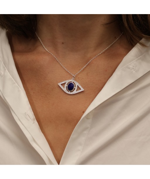 Collier argent 925 pendentif oeil XXL lapis et zircons Venez acheter